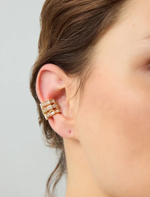 Women Yellow Geometric Figured Joint Earrings with Polished Stone Detail
