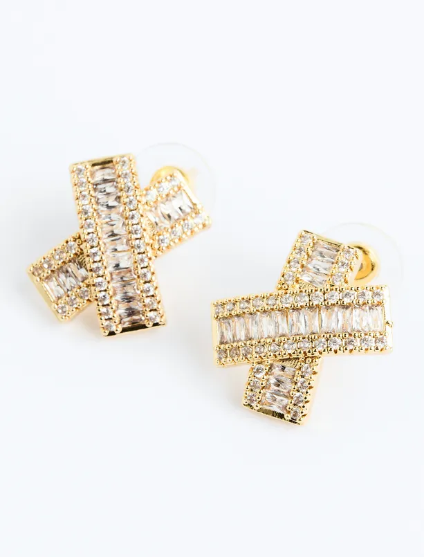 Women Yellow Cross Figured Earrings with Polished Stone Detail