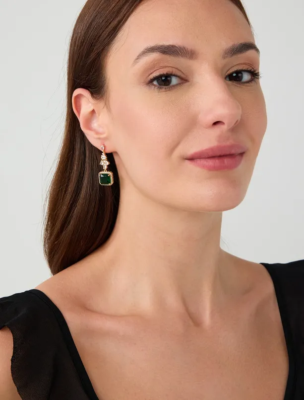 Women  Square Patterned Shiny Stone Dangling Earrings