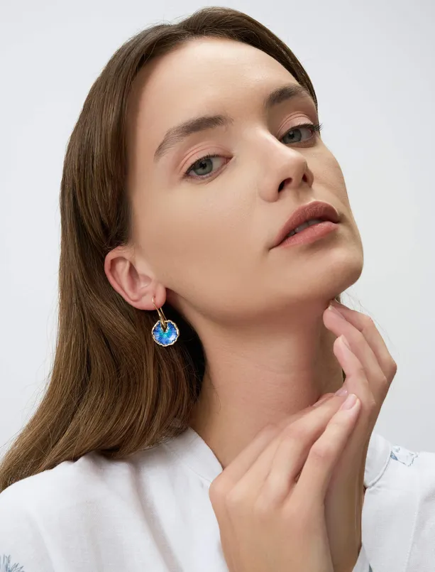 Women Blue Flower Figured Enamel Earrings