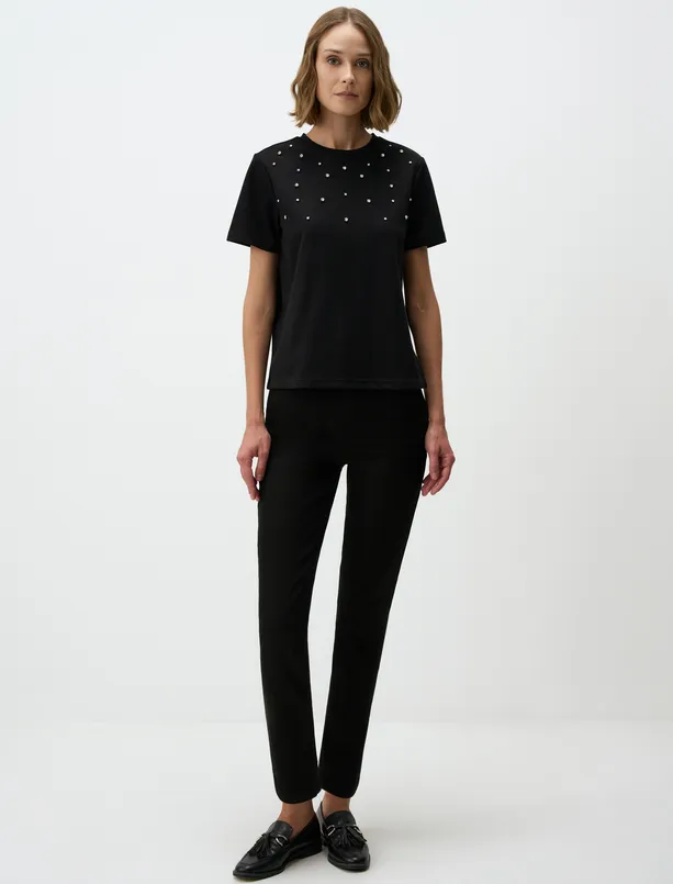 Women Black Crew Neck Relaxed Fit Stone Embroidered Blouse