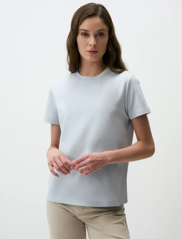 Women Blue Basic Crew Neck Short Sleeve T-Shirt