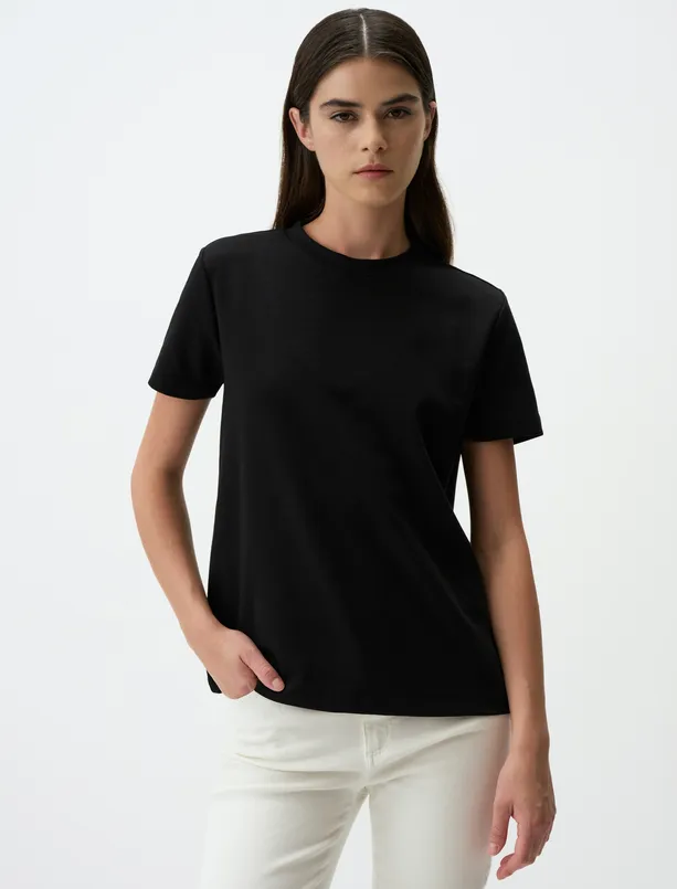 Women Black Basic Crew Neck Short Sleeve T-Shirt