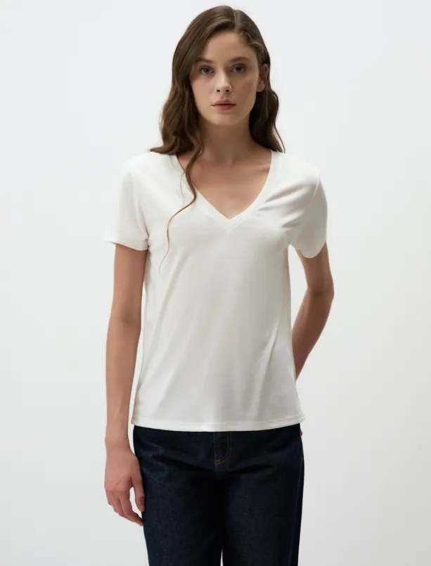 Women White V-Neck Short Sleeve Basic T-Shirt