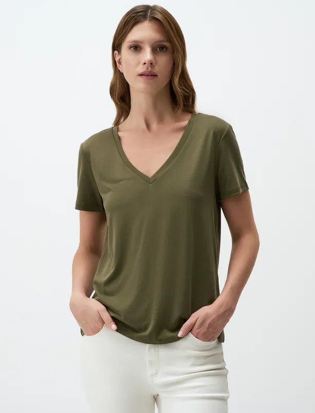 Women Haki V-Neck Short Sleeve Basic T-Shirt