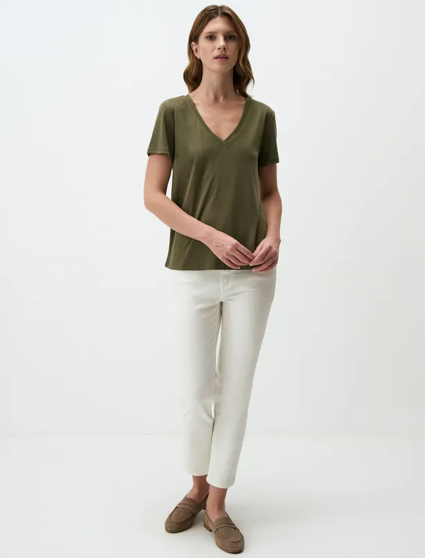 Women Haki V-Neck Short Sleeve Basic T-Shirt