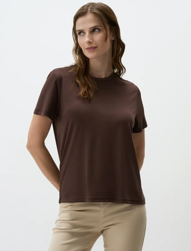 Women Brown Crew Neck Short Sleeve Basic T-Shirt