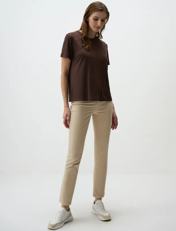 Women Brown Crew Neck Short Sleeve Basic T-Shirt