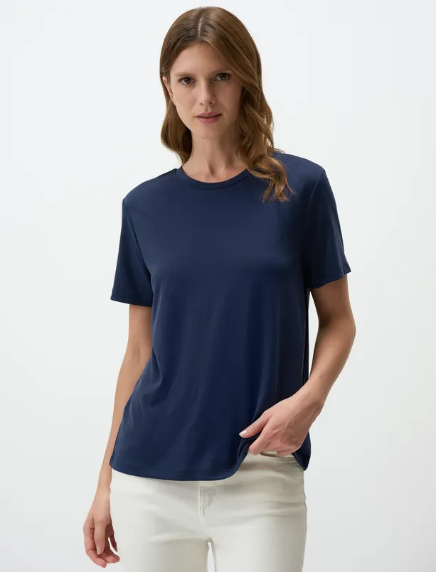 Women Dark Blue Crew Neck Short Sleeve Basic T-Shirt