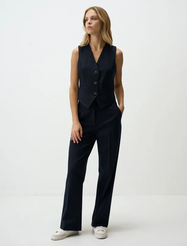 Women Dark Blue V-Neck Straight Cut Woven Vest