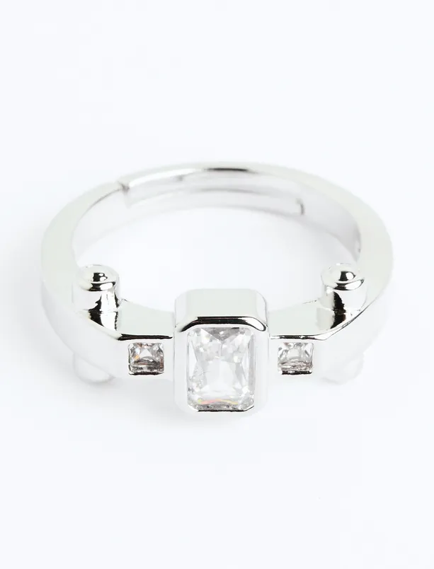 Women Grey Shiny Ring with Square Stone Detail