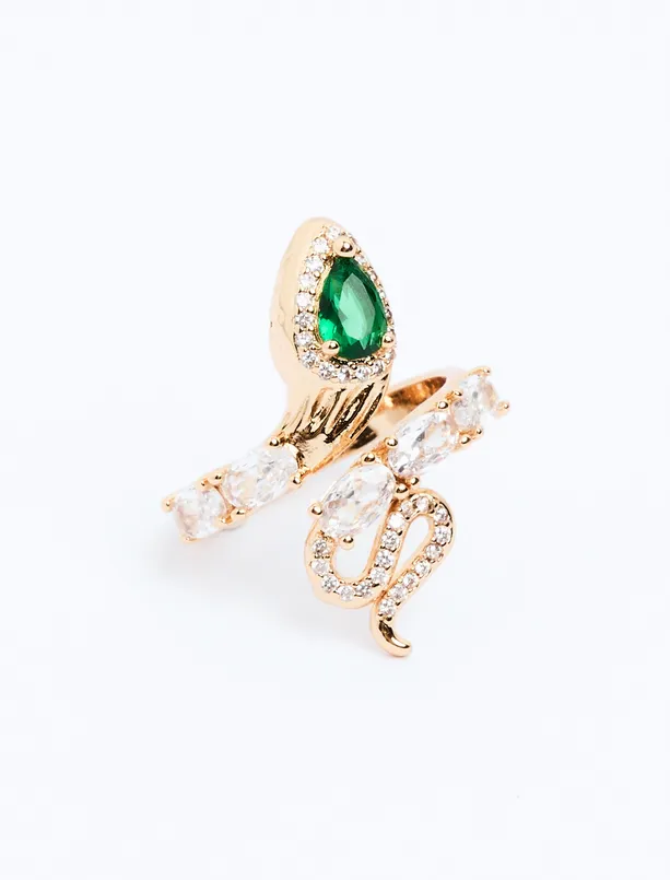 Women Green Colorful Stone Detailed Snake Figured Ring