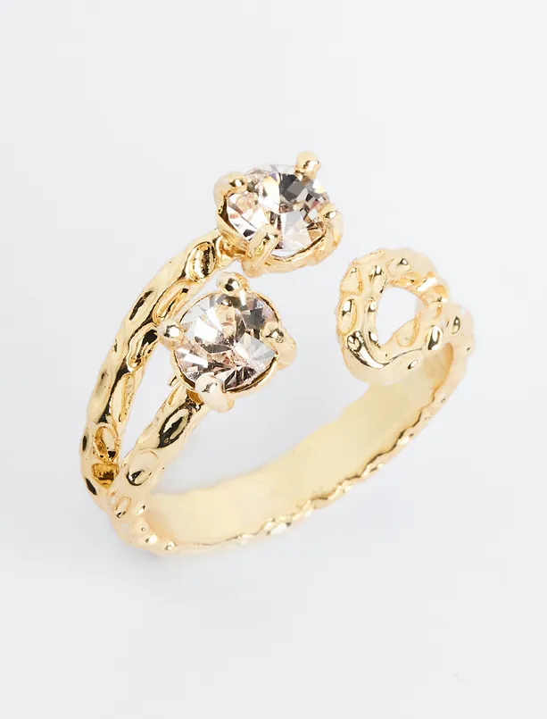 Women Yellow Twist Patterned Shiny Stone Ring