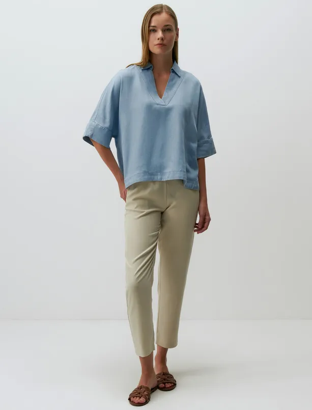 Bayan Mavi Truvakar Kol Kruvaze Yaka Denim Bluz