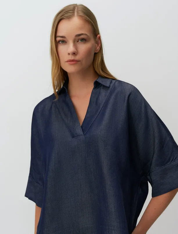 Bayan Mavi Truvakar Kol Kruvaze Yaka Denim Bluz