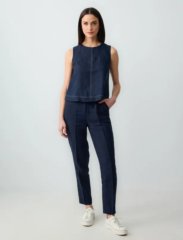 Women Dark Blue 100% Linen Sleeveless Round Neck Blouse