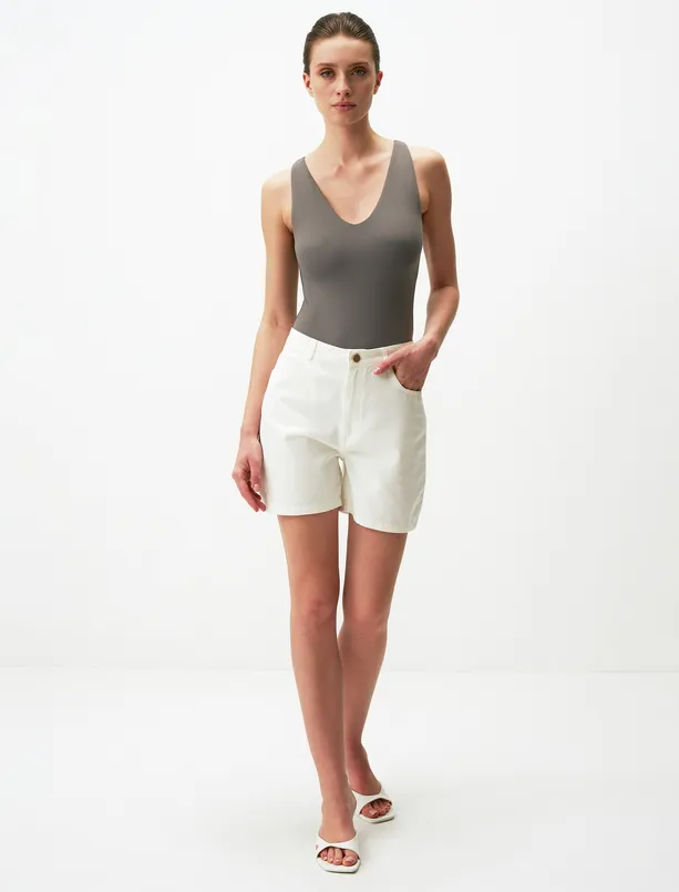 Bayan Gri V Yaka Kolsuz Basic Bluz