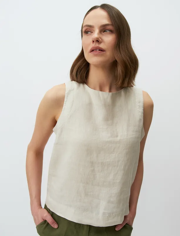 Women Beige 100% Linen Round Neck Sleeveless Blouse
