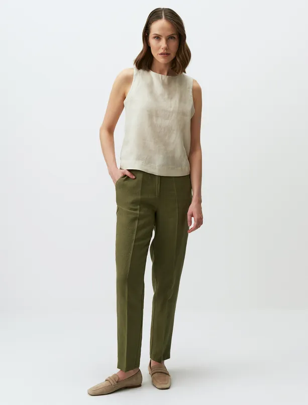 Women Beige 100% Linen Round Neck Sleeveless Blouse