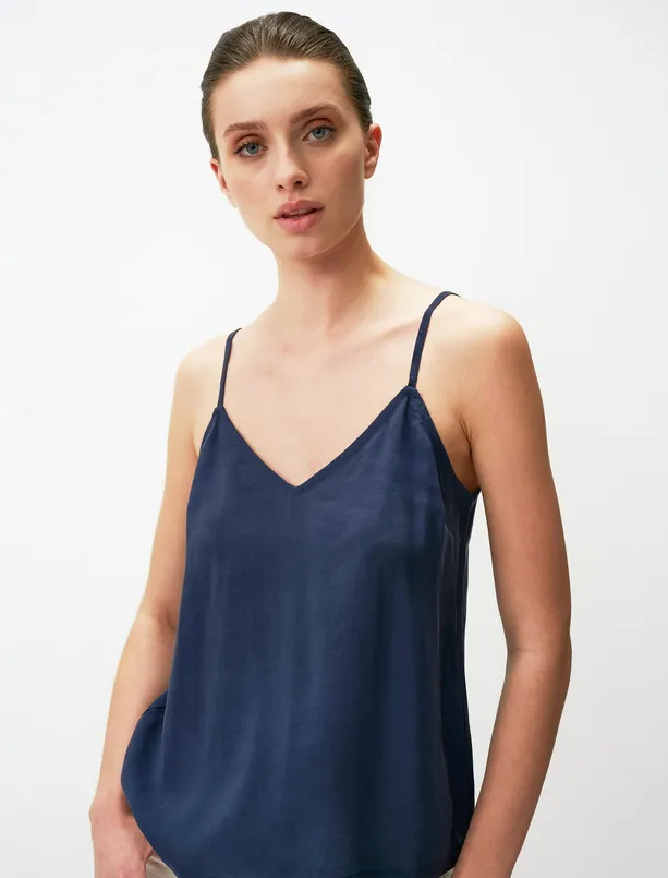 Women Dark Blue Basic Blouse with V-Neck Straps