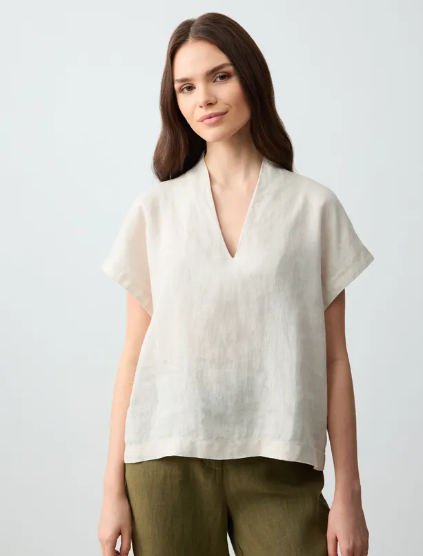 Women Beige 100% Linen V-NECK SLEEVELESS LINEN BLOUSE