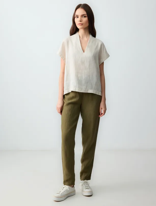 Women Beige 100% Linen V-NECK SLEEVELESS LINEN BLOUSE