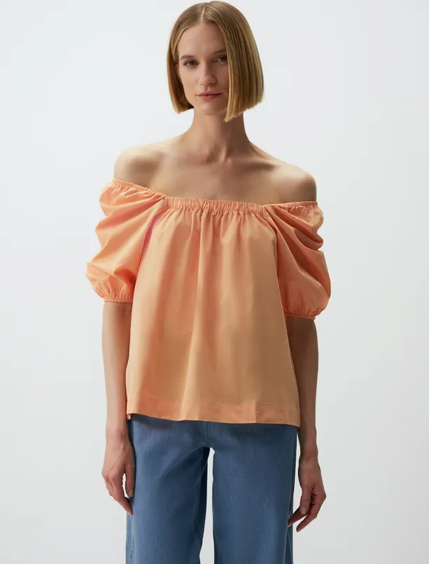 Women  100% Cotton Square Neck Balloon Sleeve Blouse