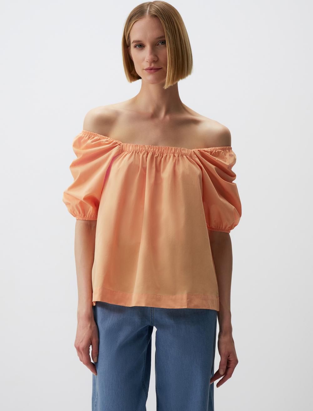 %100 Pamuk Kare Yaka Balon Kollu Bluz