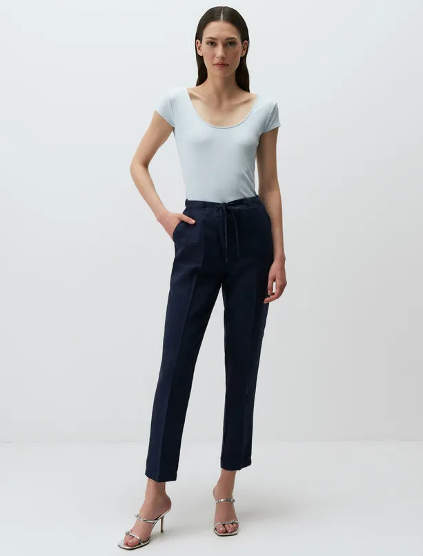Women Blue Slim Fit Short Sleeve U Neck Basic Blouse
