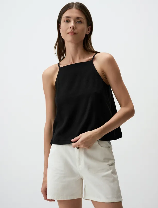 Women Black Halter Neck Linen Blouse with Straps