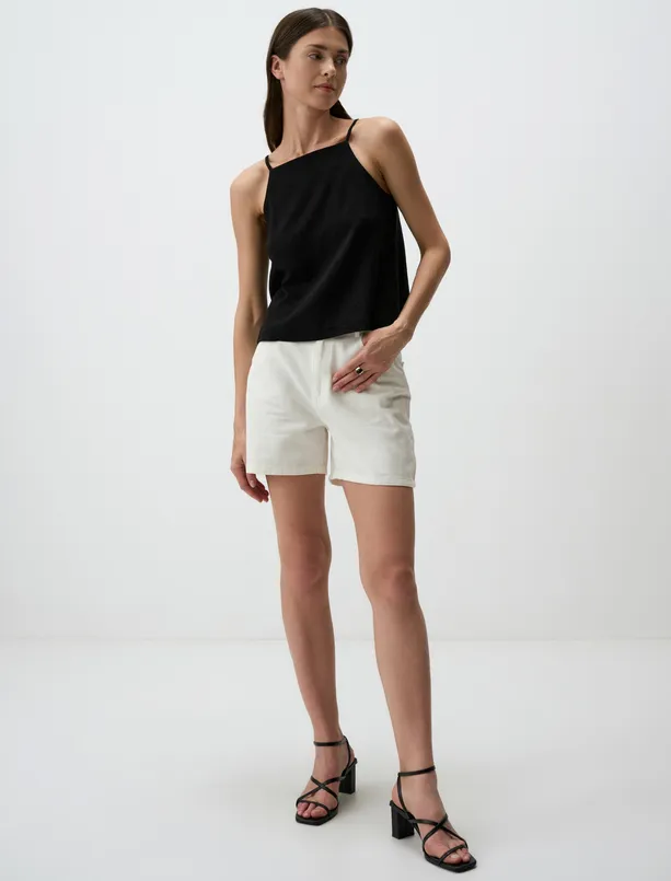 Women Black Halter Neck Linen Blouse with Straps