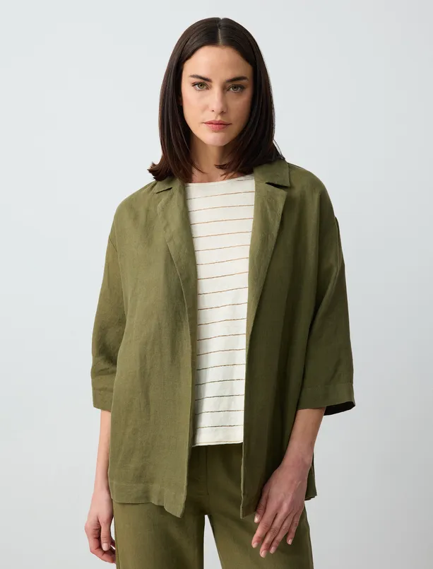 Women  100% Linen Straight Cut Long Sleeve Jacket