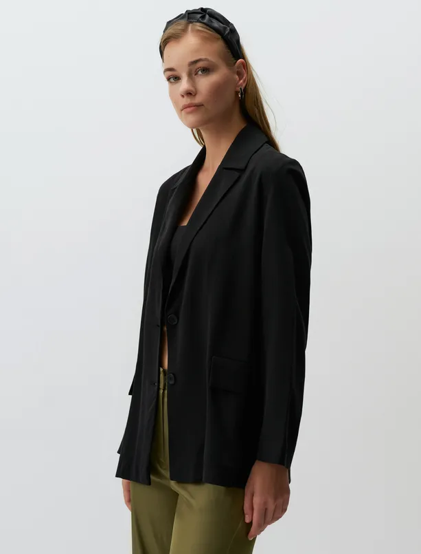Women Black Long Sleeve Open Collar Jacket