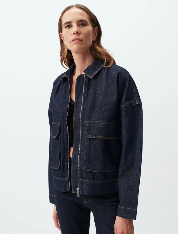 Bayan Mavi Polo Yaka Uzun Kollu Denim Ceket