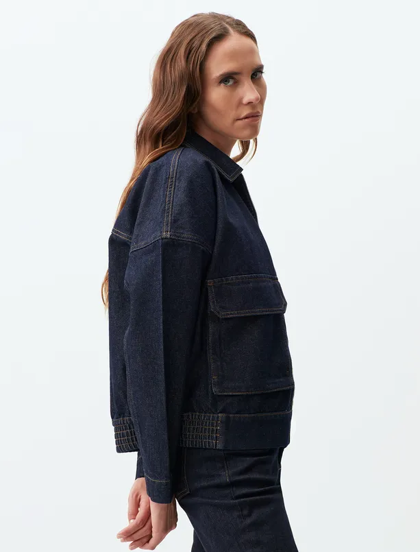 Bayan Mavi Polo Yaka Uzun Kollu Denim Ceket