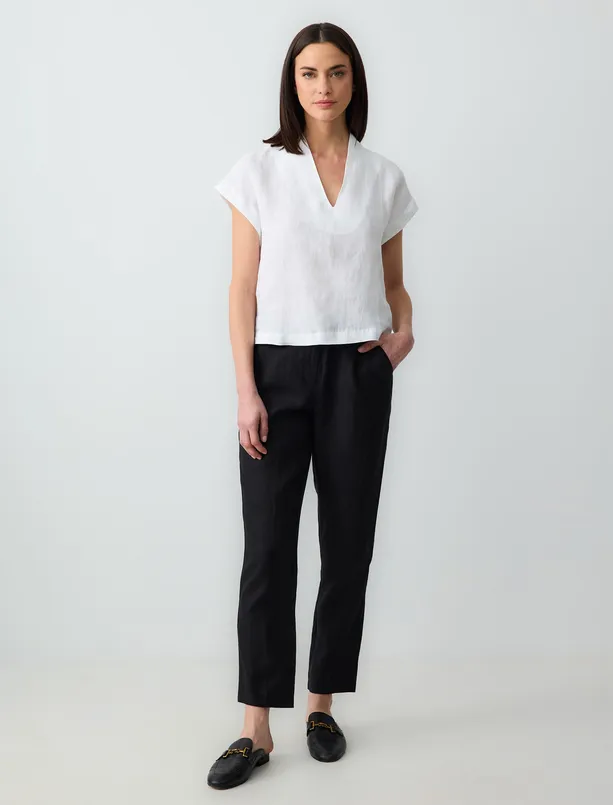 Women Black 100% Linen Straight Cut High Waist Pants