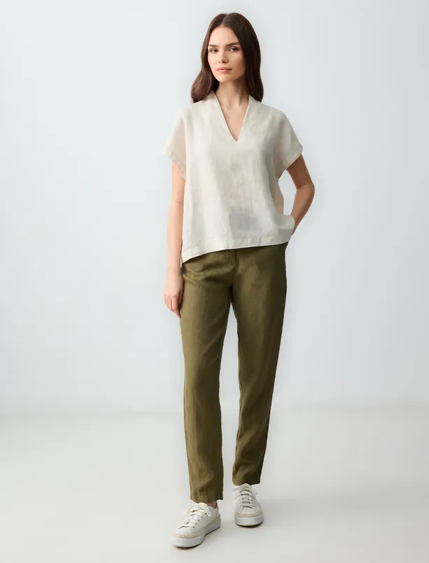Women  100% Linen High Waist Regular Leg Pants