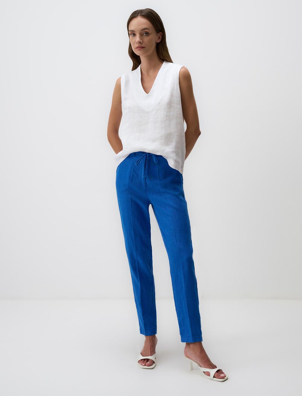 %100 Keten Yüksek Bel Normal Paça Pantolon