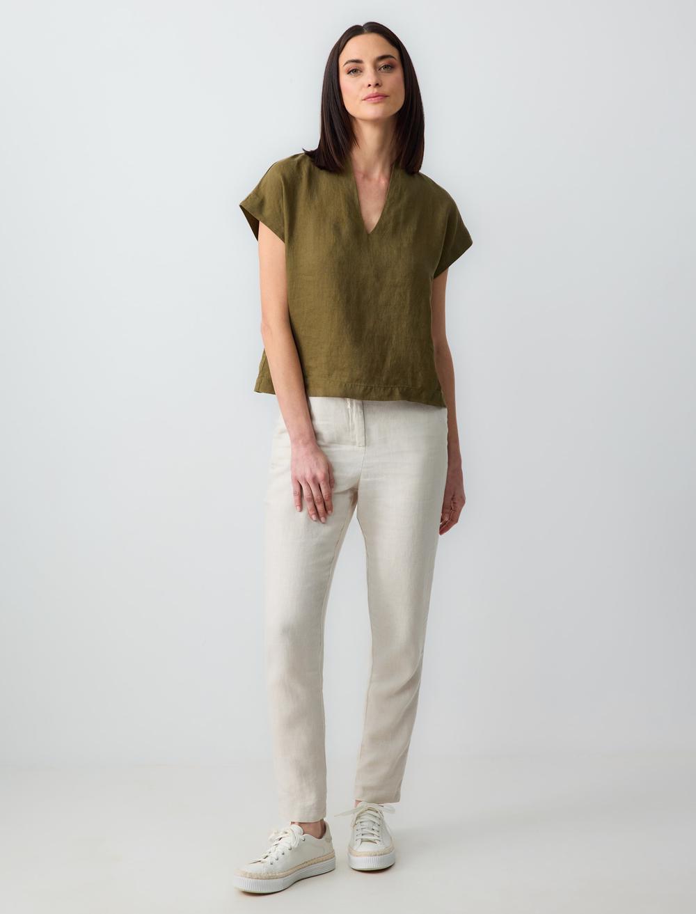 %100 Keten Yüksek Bel Normal Paça Pantolon