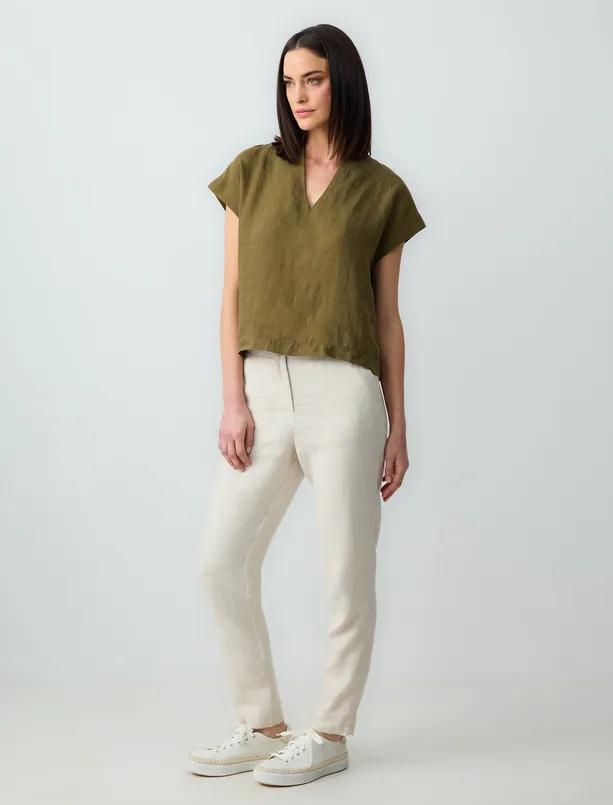 Women Beige 100% Linen High Waist Regular Leg Pants