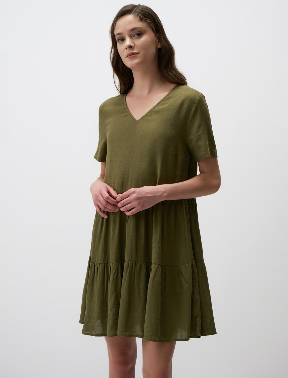 Kısa Kollu V Yaka Keten Karışımlı Mini Elbise