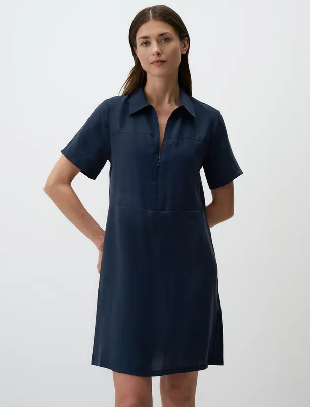 Women Dark Blue Polo Collar Short Sleeve Mini Dress