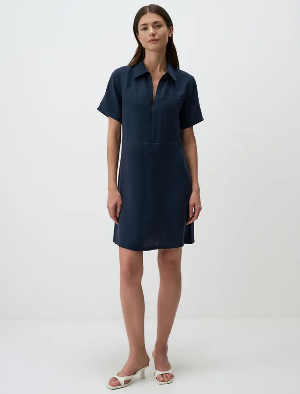 Women Dark Blue Polo Collar Short Sleeve Mini Dress