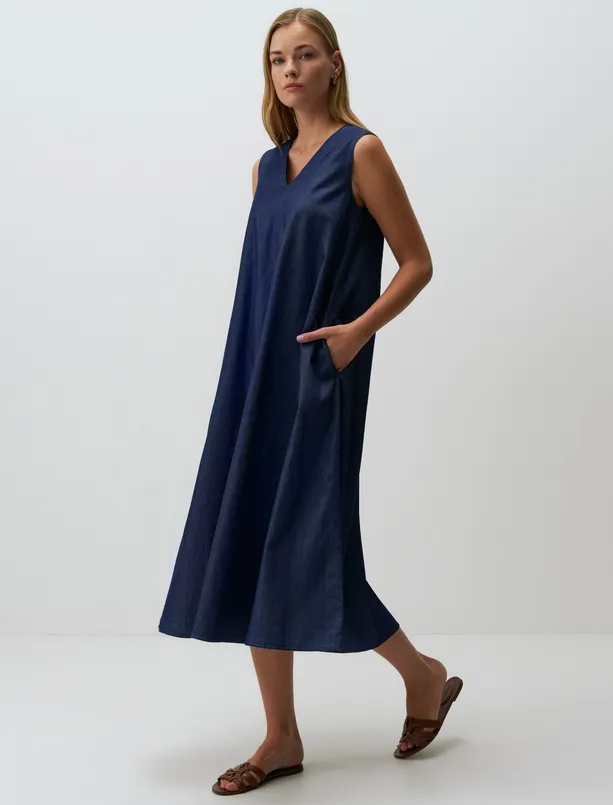 Bayan Mavi V Yaka Kolsuz Denim Elbise