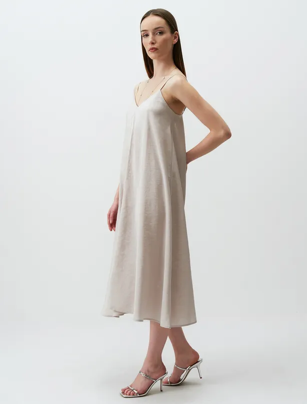 Women Beige Loose Fitted V-Neck Strappy Midi Dress