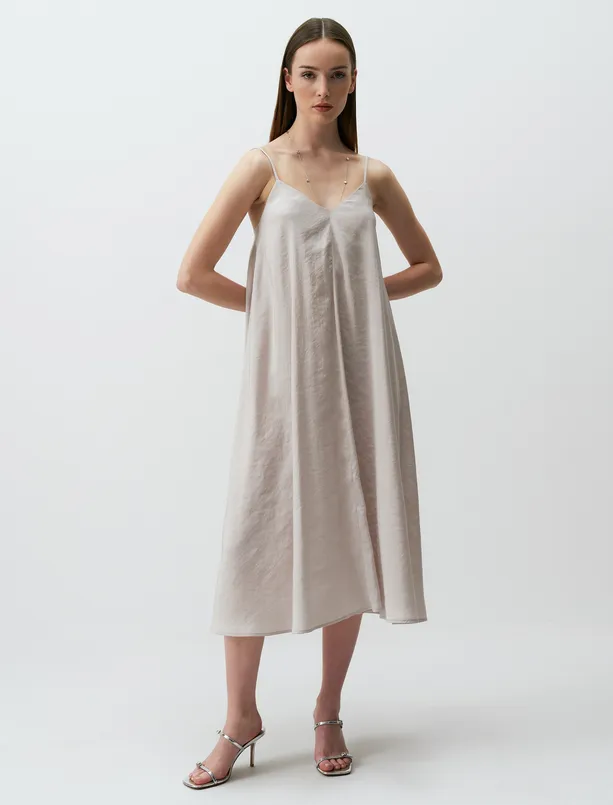 Women Beige Loose Fitted V-Neck Strappy Midi Dress