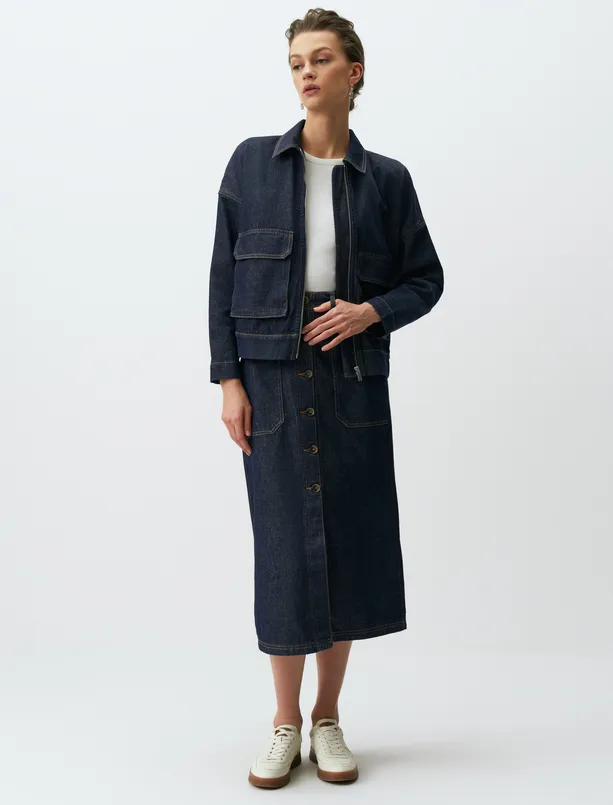 Bayan Mavi Normal Bel Cepli Denim Maxi Etek