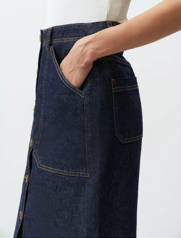 Bayan Mavi Normal Bel Cepli Denim Maxi Etek