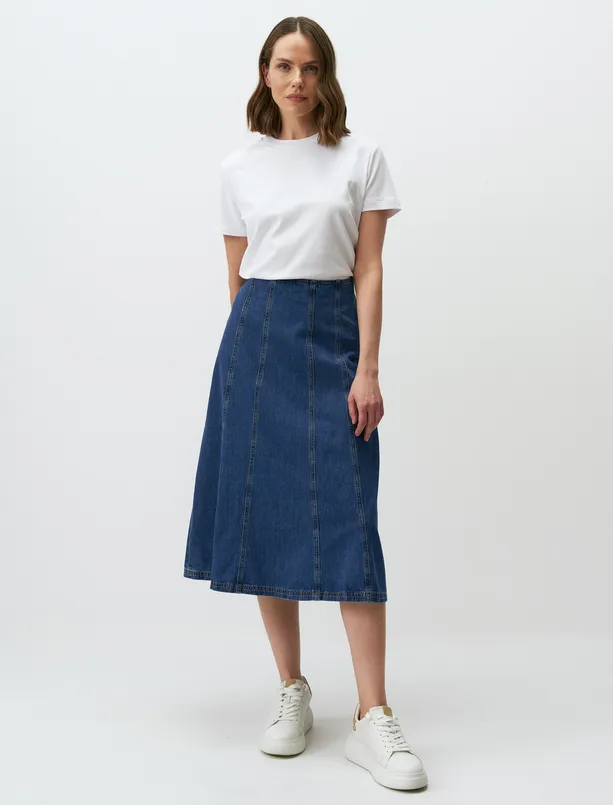 Bayan Mavi Normal Bel Midi Denim Etek