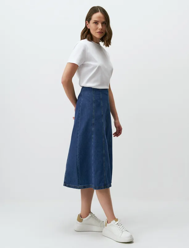 Bayan Mavi Normal Bel Midi Denim Etek